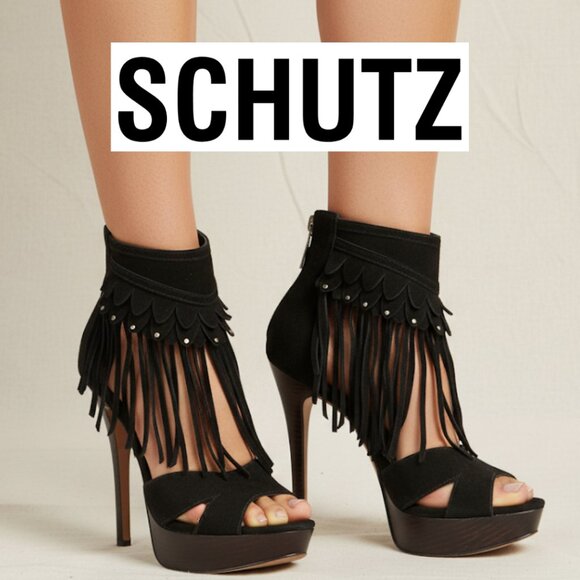 Schutz Stiletto Heels | Women's Size 10 | Black Suede Leather Fringe | Open Toe - Picture 1 of 10